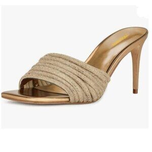 Milooey Gold Rhinestone Strappy Heel Mules Open Toe High Heel Glitter Sandas